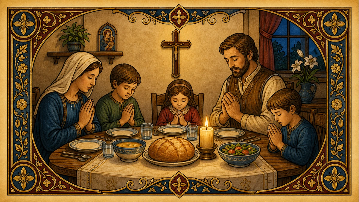 Bread, candlelight, and table settings for praying before meals.