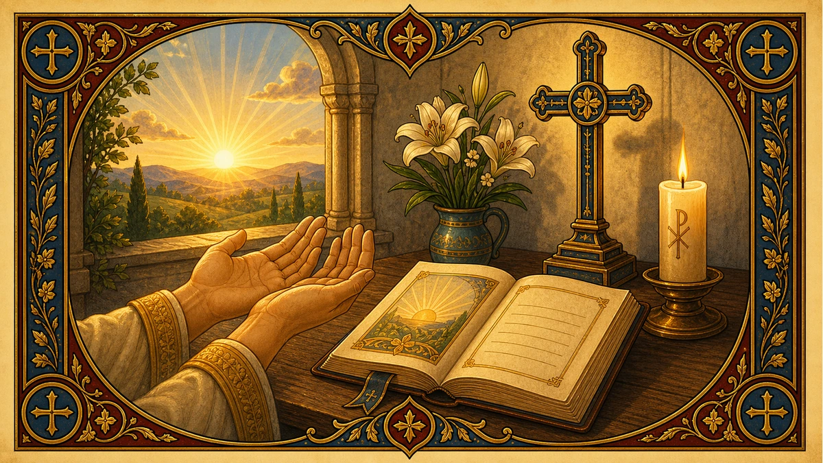 A sunrise chapel image with a cross for beginning the day with God.