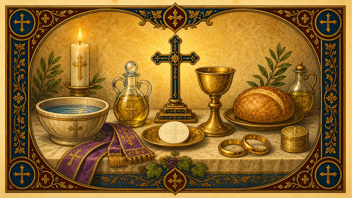 Catholic sacramental signs arranged with water, oil, bread, chalice, rings, stole, and candlelight.