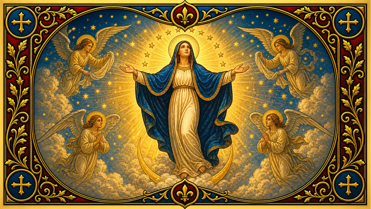 Devotional artwork for The Assumption of Mary, a Rosary mystery.