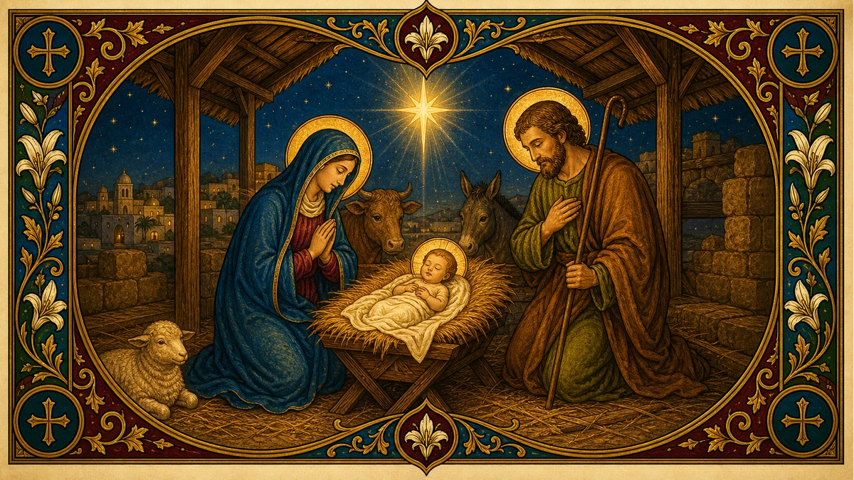 Devotional artwork for The Nativity, a Rosary mystery.