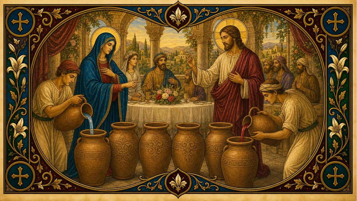 Devotional artwork for The Wedding at Cana, a Rosary mystery.